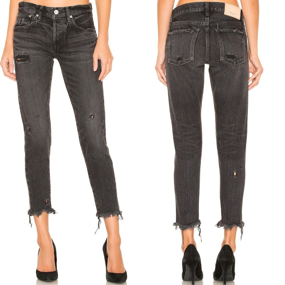 Moussy Vintage Kelley Skinny Jeans Black Denim Raw Hem Distressed Size 25
